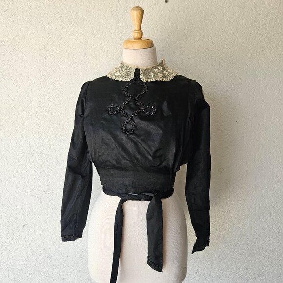 Antique Tops - Antique Early 1900s Edwardian Black Silk Blouse Mourning Top Beaded Lace XS/S